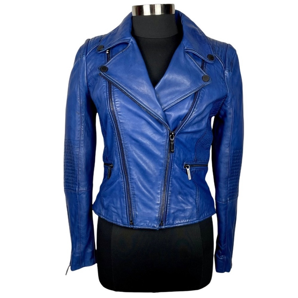 BCBGMAXAZRIA TARA COBALT LEATHER MOTO JACKET -  AS SEEN ON TV